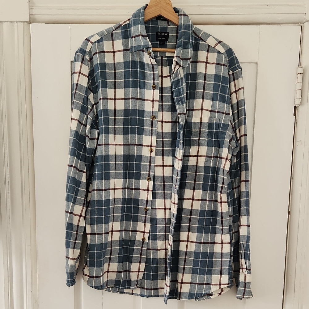 J. Crew Men's Blue and Cream Checkered Shirt